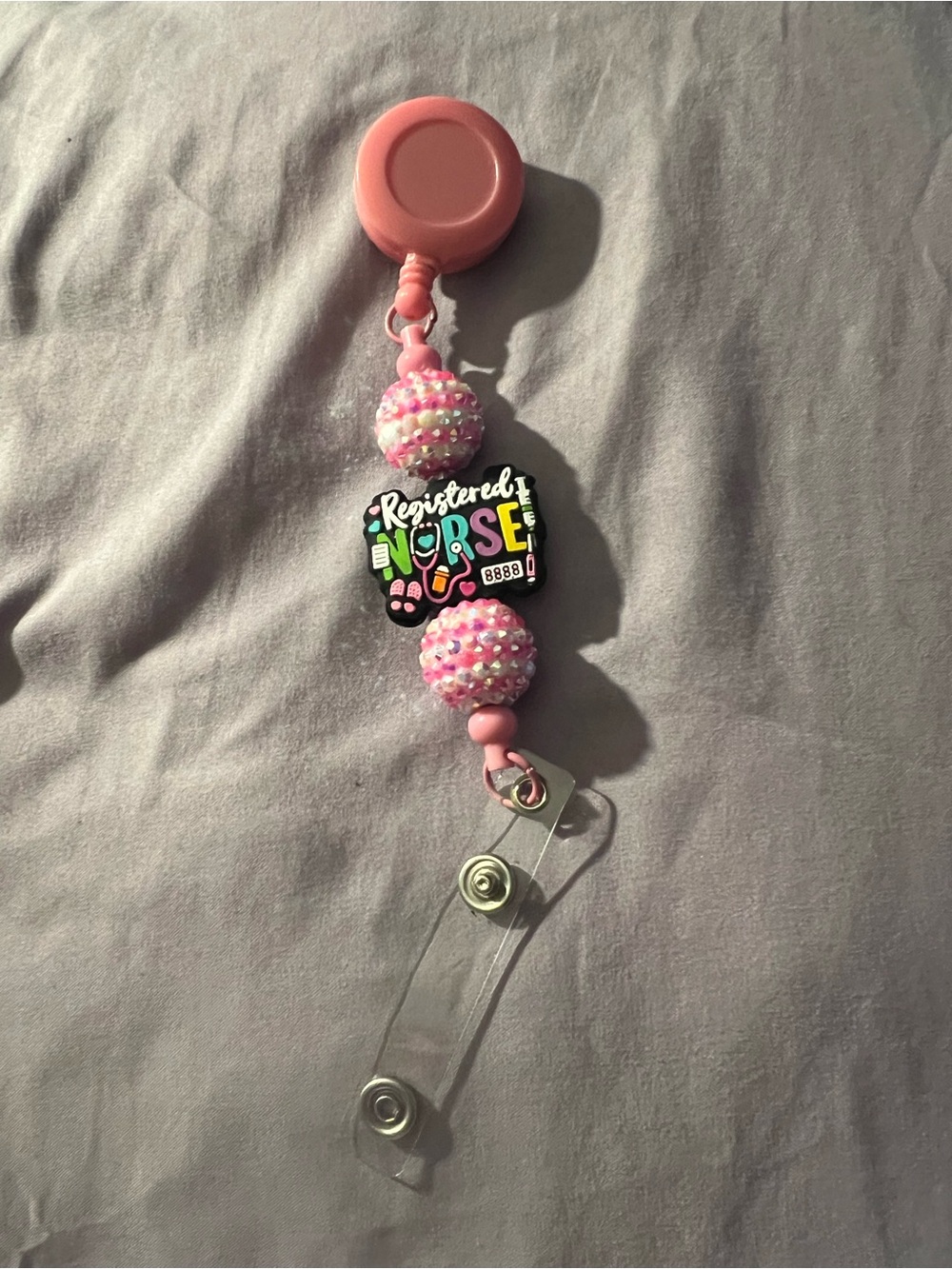 Pink Registered Nurse Badge Reel with Beaded Accent